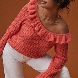 NWT Anthropologie Ruffled Knit Boatneck Sweater in Pink Wool Alpaca Open Knit